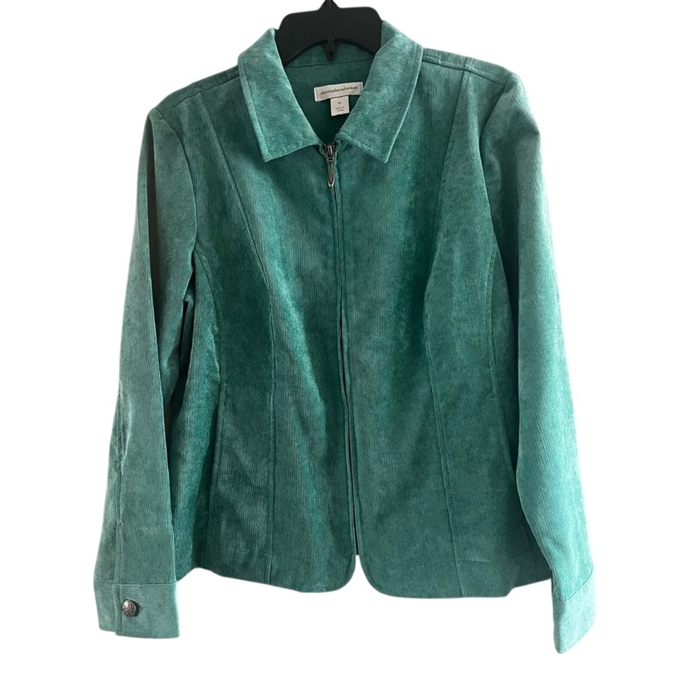 Christopher & Banks SZ Medium Green Teal Velvety Cord Jacket Fall Spring Cinched
